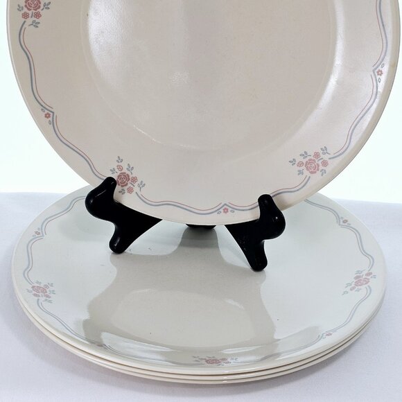 4 Corelle English Breakfast Rose Dinner Plates 10" light blue pink lines floral - Picture 4 of 9